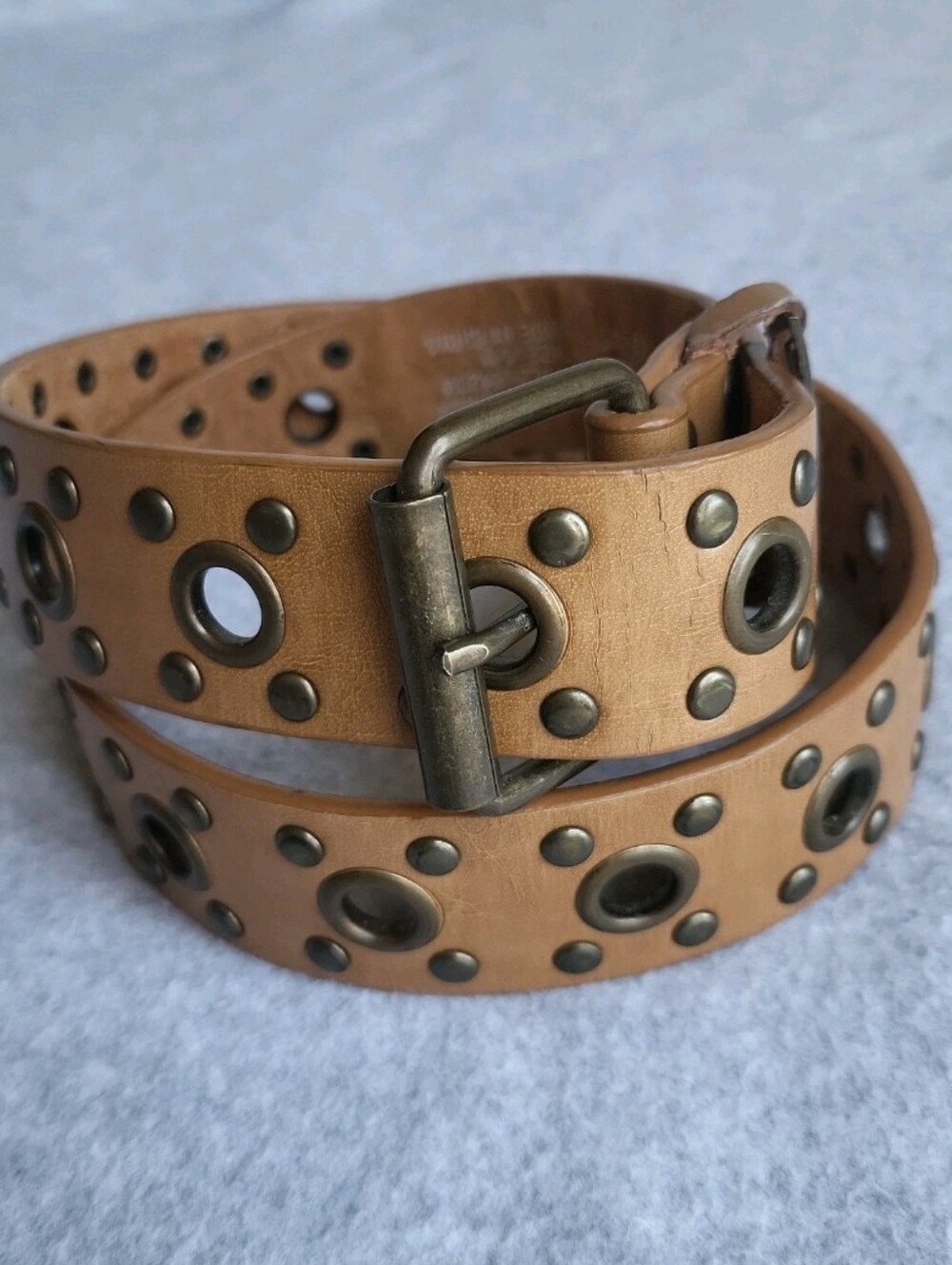 Mudd Western Belt Womens S/M Tan Tooled Brass-Toned Studs Leather Punk Biker